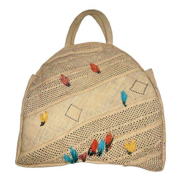 Vintage Hand Woven Large Straw Grass Raffia Shoulder Bag Floral Vacation Beach - Picture 2 of 7